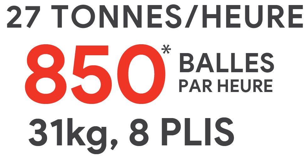 27 Tonnes/Heure / 850* Balles par heure / 31kg, 8 plis